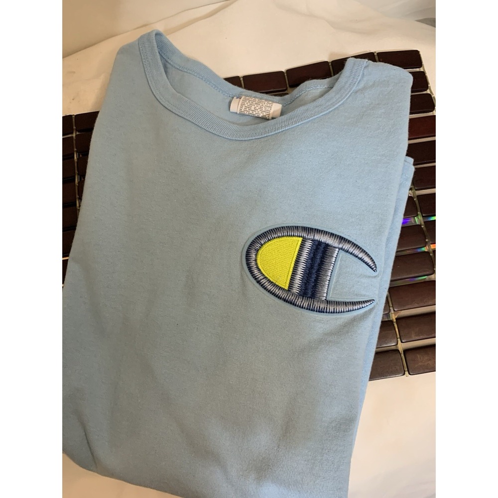 Champion LS Embroidered Large Logo Sky Blue Cotton Unisex T-shirt Style‎ Sz S